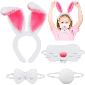4 Pcs Easter Bunny Costume Set,Rabbit Ears Headband Nose Bow Tie Plush Tail for Women Kids Girls,Bunny Dress Up Accessories for Easter Halloween Birthday Cosplay Party Favor