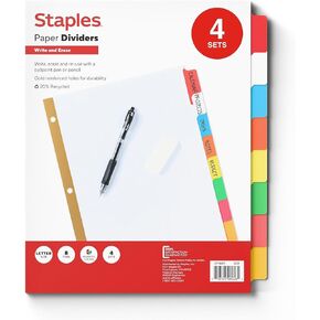 Staples 8-Tab Write and Erase Big Tab Dividers for 3 حلقات ، حجم الحروف 8.5 × 11 بوصة ، ألوان متنوعة ، 4 مجموعات