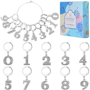 Sunnyclue 1 Box 20pcs علامات غرزة لطيفة رقم Rhinestone رقم 1 ~ 9 أرقام سحر علامات غرزة علامات كروشيه مقطع القابل للإزالة على سحر قفل الفولاذ المقاوم للصدأ ليفرباك سحر للنسج من أجل النسيج