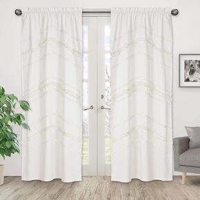 Sweet JoJo Designs Bohemian Boho Chic White and Pink Macrame Tufted Tassel Decorative Window Treatment Panels Curtains Drapes Blush Pink Textured Minimalist White Cotton Fringe Farmhouse Rustic 42x84