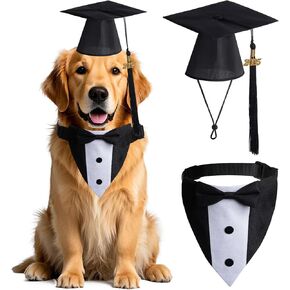 2PCS Dog Graduation Outfit - CAP التخرج من الحيوانات الأليفة وطوق Bandana الكلب الرسمي مع ربطة عنق