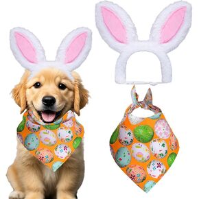 Dog Easter Bunny Ears Costume Headband and Egg Bandana Scarf Set, Puppy Easter Outfit, Cute Pet Holiday Party Supplies