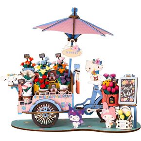 Hands Craft Hello Kitty و Friends Flower Cart 3D Wooden Puzzle Kit | نموذج الأزهار DIY | الفنون والحرف للبالغين والأطفال | مجموعات الهوايات الإبداعية | Hello Kitty شخصيات | مجموعة بناء الخشب | هدية جميلة
