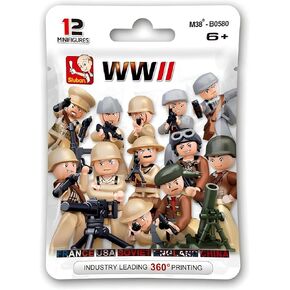 WW2 12 Country Military Minifigure مجموعة مع 3 أسلحة ثقيلة (Mortar ، Maxim MG) - لبنات بناء متوافقة ، مجموعة تعليمية للجندي للأعمار 3+