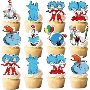 24pcs Cat in the Hat Cupcake Topper Seuss Cupcake Topper Cat في القبعة زخارف عيد ميلاد القب