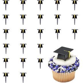 Decopac Grad Hat Cupcake Toppers ، 24 Pics Cake Cake ، Decopics Black Grad ، Decorations Food Safe Cake - 24 Pack