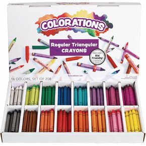 Colorations Regular Size Triangular Crayon Class Pack, 16 Colors, 13 of Each, Set of 208, Easy to Hold & Grip, Toddler Crayons, Non Toxic Crayons, Kids Crayons, Bulk School Supplies, Triangle Crayons