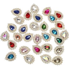 30 Pcs Sew on Rhinestones 7x10mm Tear Drop Rhinestone Glitter Crystals Stone Metal Setting Gems Mixed Color Gemstones for Clothes Shoes Caps DIY Sewing Accessories for Crafting