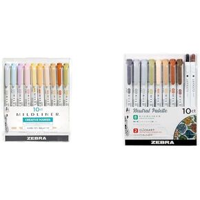 Zebra Pen Mildliner Double Ended Highlighter Set, Chisel and Bullet Point Tips & Neutral Palette Set, Includes 8 Mildliner Highlighters and 2 ClickArt Markers, Assorted