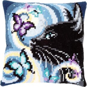 Vervaco Cross Stitch Embroidery Kits Pillow Front for Self-Embroidery with Pattern on 100% Cotton and Thread, 15,75 x Inches - 40 cm, Cat Butterflies