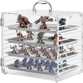 Portable Miniature Carrying Case Compatible with Warhammer 40k, Clear Acrylic Storage and Display Case for Tabletop Miniatures with 4 Magnetic Trays