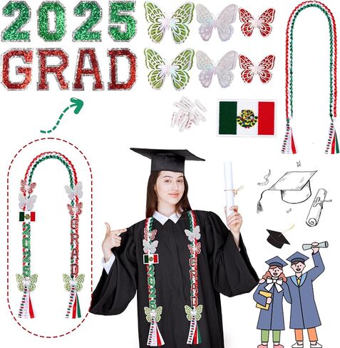 التخرج المكسيكي Leis 2025 ، فئة 2025 تخرج شريط LEI مع دبوس الفراشة ، تهانينا يدويًا ، هدايا التخرج DIY لكلية المدرسة الثانوية in Kuwait