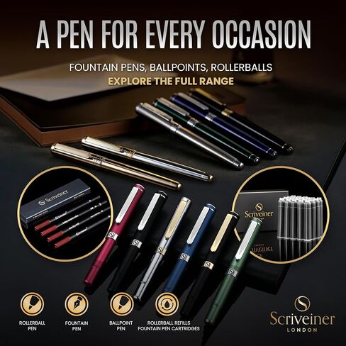 Scriveiner Luxury EDC Fountain Pen (Fine), Stunning Matt Green Pocket Pen, Chrome Finish, Bundle with Fountain Pen Ink Cartridges - Black & Blue - 20 Standard International each box, Made in UK in Kuwait