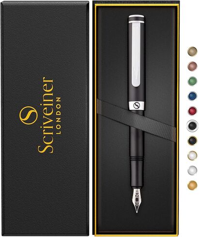 Scriveiner Luxury EDC Fountain Pen (Fine), Stunning Matt Green Pocket Pen, Chrome Finish, Bundle with Fountain Pen Ink Cartridges - Black & Blue - 20 Standard International each box, Made in UK in Kuwait