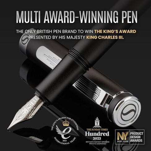 Scriveiner Luxury EDC Fountain Pen (Fine), Stunning Matt Green Pocket Pen, Chrome Finish, Bundle with Fountain Pen Ink Cartridges - Black & Blue - 20 Standard International each box, Made in UK in Kuwait