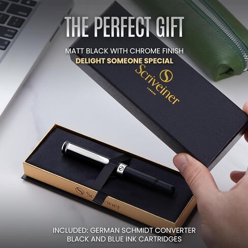 Scriveiner Luxury EDC Fountain Pen (Fine), Stunning Matt Green Pocket Pen, Chrome Finish, Bundle with Fountain Pen Ink Cartridges - Black & Blue - 20 Standard International each box, Made in UK in Kuwait
