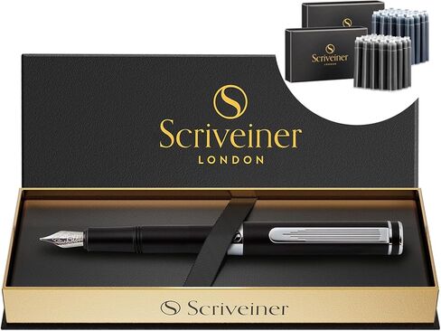 Scriveiner Luxury EDC Fountain Pen (Fine), Stunning Matt Green Pocket Pen, Chrome Finish, Bundle with Fountain Pen Ink Cartridges - Black & Blue - 20 Standard International each box, Made in UK in Kuwait