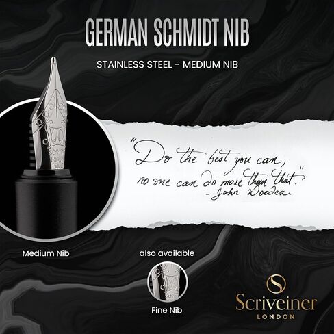 Scriveiner Luxury EDC Fountain Pen (Fine), Stunning Matt Green Pocket Pen, Chrome Finish, Bundle with Fountain Pen Ink Cartridges - Black & Blue - 20 Standard International each box, Made in UK in Kuwait