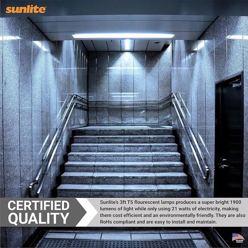 مصباح فلورسنت خطي Sunlite 30345 F28T5/865 4 أقدام T5، 28 واط، 2500 لومن، ضوء النهار 6500 كلفن، قاعدة ثنائية الدبوس G5 مصغرة، متوافقة مع ROHS، أنبوب مستقيم عالي الأداء، 40 حزمة in Saudi Arabia