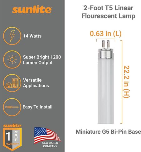 Sunlite 30345 F28T5/865 4 Foot T5 Linear Fluorescent Lamp, 28 Watts, 2500 Lumens, 6500K Daylight, Miniature G5 Bi-Pin Base, ROHS Compliant, High Performance Straight Tube, 40 Pack in Kuwait