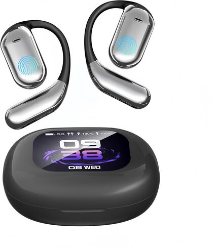 AI Language Translation أذن ، LCD Touchscreen Touch Language Translator Translators 144 Language ، Open Ear Headphones Comfort Fit IOS و Android ، مثالية لأعمال السفر والرياضة (أسود) in Saudi Arabia