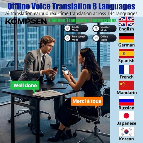 AI Language Translation أذن ، LCD Touchscreen Touch Language Translator Translators 144 Language ، Open Ear Headphones Comfort Fit IOS و Android ، مثالية لأعمال السفر والرياضة (أسود) in Saudi Arabia