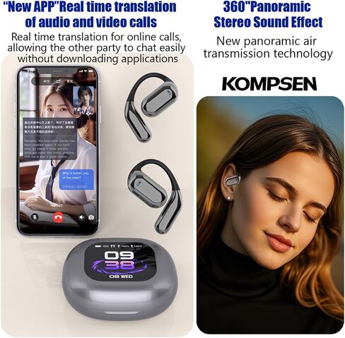AI Language Translation أذن ، LCD Touchscreen Touch Language Translator Translators 144 Language ، Open Ear Headphones Comfort Fit IOS و Android ، مثالية لأعمال السفر والرياضة (أسود) in Saudi Arabia