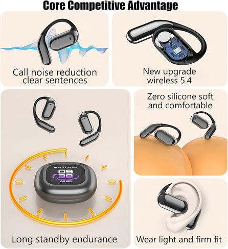 AI Language Translation أذن ، LCD Touchscreen Touch Language Translator Translators 144 Language ، Open Ear Headphones Comfort Fit IOS و Android ، مثالية لأعمال السفر والرياضة (أسود) in Saudi Arabia