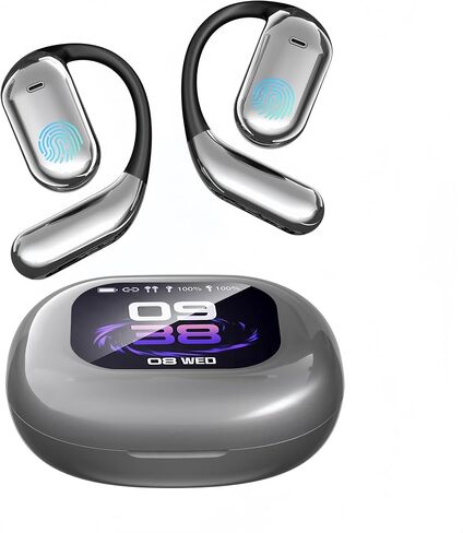 AI Language Translation أذن ، LCD Touchscreen Touch Language Translator Translators 144 Language ، Open Ear Headphones Comfort Fit IOS و Android ، مثالية لأعمال السفر والرياضة (أسود) in Saudi Arabia