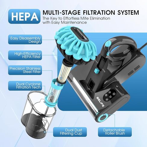 مكنسة كهربائية للمرتبة Belife M8، مكنسة كهربائية للسرير مضادة للحساسية مع الأشعة فوق البنفسجية والهواء الساخن والتدفئة العالية، 550 وات 18 كيلو باسكال، مكنسة كهربائية محمولة بكوب مزدوج للغبار المنزلي وشعر الحيوانات الأليفة، سلكية (أزرق) in Kuwait