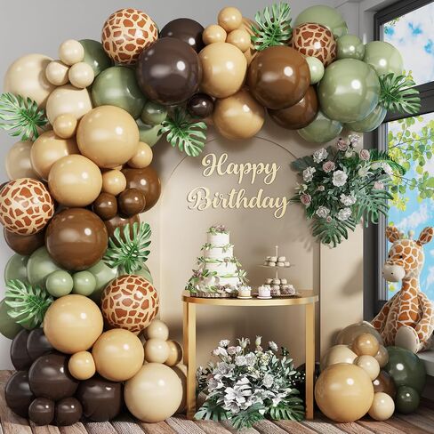 Sage Green Brown Balloon Garland Kit Olive Green Gold Safari Balloons Arch Animal Print Balloons Woodland Camo Army Green Dark Brown Coffee Nude Balloon for Jungle Hunting Wild Birthday Decor in Saudi Arabia