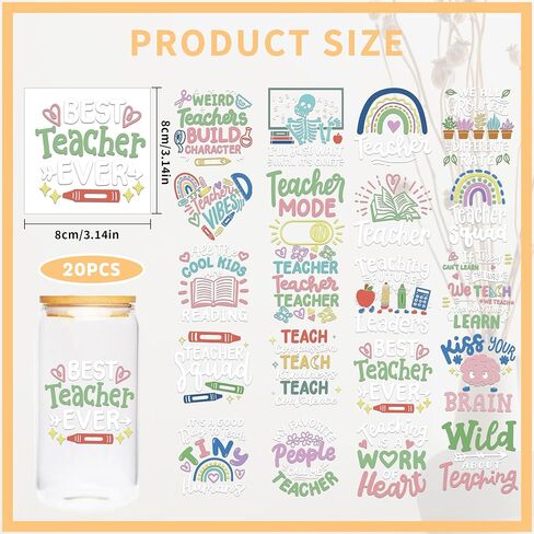 UV DTF Cup Wraps - 20 Sheet Teacher UV DTF Transfer Stickers, School UVDTF Cup Wraps for Mug Glass, Waterproof Transfer Sticker, Appreciate Teacher DIY Gifts in Saudi Arabia