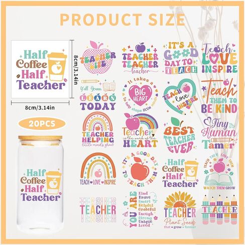 UV DTF Cup Wraps - 20 Sheet Teacher UV DTF Transfer Stickers, School UVDTF Cup Wraps for Mug Glass, Waterproof Transfer Sticker, Appreciate Teacher DIY Gifts in Saudi Arabia
