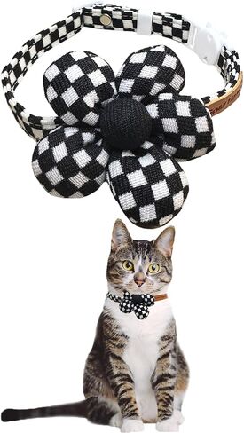 Stylish Black and White Checkered Cat Collar with Flower - Breakaway Safety Collar and Adjustable Size 7.09-12.6 inches for Small to Medium Cats (Black) in Saudi Arabia