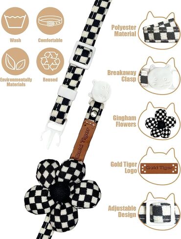 Stylish Black and White Checkered Cat Collar with Flower - Breakaway Safety Collar and Adjustable Size 7.09-12.6 inches for Small to Medium Cats (Black) in Saudi Arabia