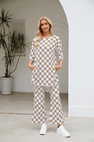 Two Piece Sets for Women Checkered Half Sleeve Tunic Top and Flared Pants Matching Lounge Set Casual Outfits Tracksuit in Kuwait