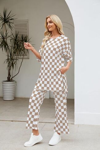 Two Piece Sets for Women Checkered Half Sleeve Tunic Top and Flared Pants Matching Lounge Set Casual Outfits Tracksuit in Kuwait