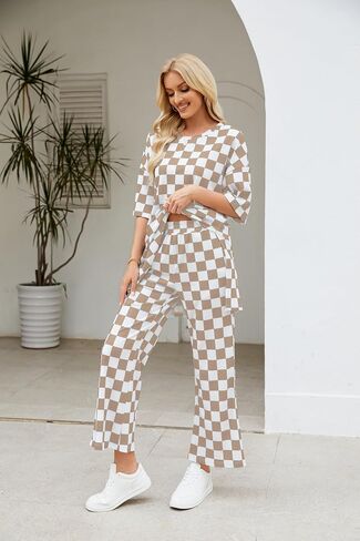 Two Piece Sets for Women Checkered Half Sleeve Tunic Top and Flared Pants Matching Lounge Set Casual Outfits Tracksuit in Kuwait