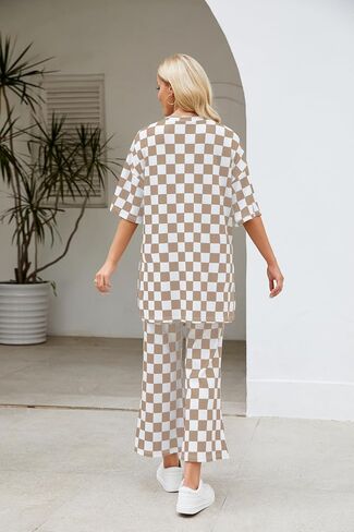 Two Piece Sets for Women Checkered Half Sleeve Tunic Top and Flared Pants Matching Lounge Set Casual Outfits Tracksuit in Kuwait