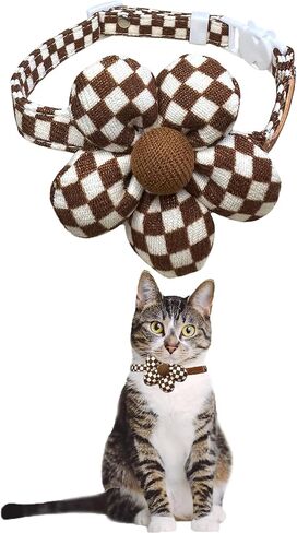 Stylish Black and White Checkered Cat Collar with Flower - Breakaway Safety Collar and Adjustable Size 7.09-12.6 inches for Small to Medium Cats (Black) in Saudi Arabia