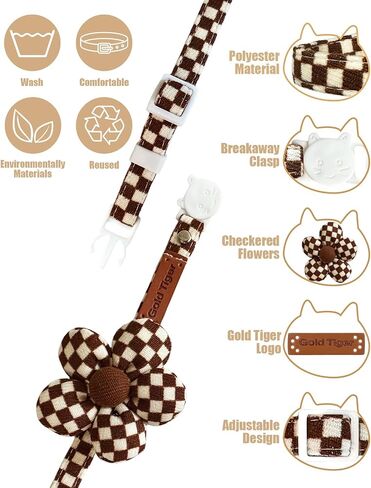 Stylish Black and White Checkered Cat Collar with Flower - Breakaway Safety Collar and Adjustable Size 7.09-12.6 inches for Small to Medium Cats (Black) in Saudi Arabia