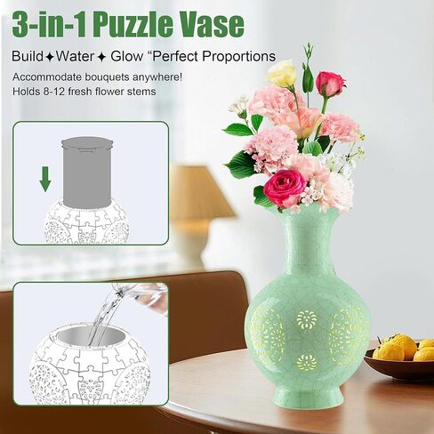 3D Puzzle Vase (Lighted Model) Unique Adult 3D Puzzle with Lighted Flower Arrangement Decorative Vase, Housewarming Gift. Suitable for Home Office Collection Decoration (Multicolor Floral) in Kuwait