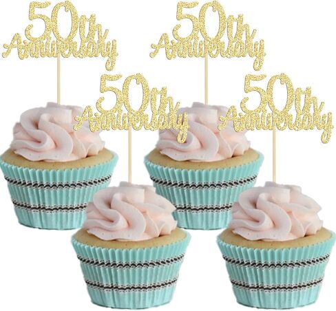 Gyufise 24 Pack 50th Anniversary Cupcake Toppers تختار Gold Glitter Happy 50 الذكرى السنوية ديكورات كعكة للزفاف 50 in Kuwait