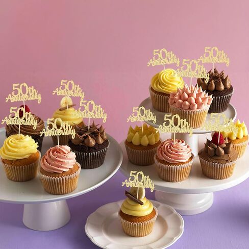 Gyufise 24 Pack 50th Anniversary Cupcake Toppers تختار Gold Glitter Happy 50 الذكرى السنوية ديكورات كعكة للزفاف 50 in Kuwait
