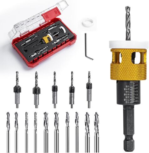 5 Pcs Countersink Drill Bit Set with Low Friction Depth Stop, HSS M2 Tapered Bits 1/8" 9/64" 5/32" Drill+3/8" 82° Counter-Bore,11/64" 3/16" Drill+ 1/2" 82° Counter Bore,1/4" Hex Shank(Yellow) in Kuwait