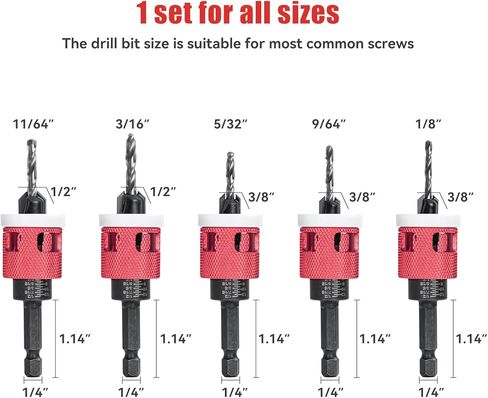 5 Pcs Countersink Drill Bit Set with Low Friction Depth Stop, HSS M2 Tapered Bits 1/8" 9/64" 5/32" Drill+3/8" 82° Counter-Bore,11/64" 3/16" Drill+ 1/2" 82° Counter Bore,1/4" Hex Shank(Yellow) in Kuwait