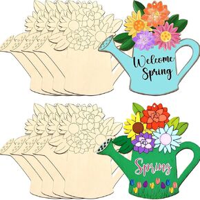 10PCS Wooden Spring Ornaments to Paint, DIY Blank Unfinished Wood Flower Cutouts Kettle Ornament for Art Painting Projects Home Crafts Hanging Decorations
