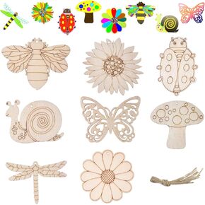 80 جهاز كمبيوتر تقاطعات خشبية غير مكتملة لطلاء 8 أنماط DIY Spring Crafts للأطفال البالغين زخارف الحشرات الخشبية الفارغة مع ثقوب الحبال القنب