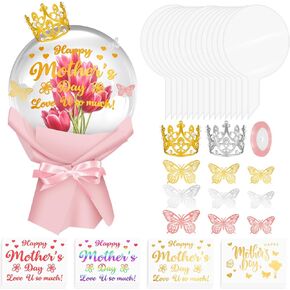 73 Pcs Mothers Day Bobo Balloon Set, 16 Pcs 30 Inch Clear Bobo Balloons 16 Pc Happy Mother's Day Bobo Balloon Sticker 36 Pc Gold Butterfly Decor and 4 Pc Mini Crwon for DIY Stuffing Gift Party Supply