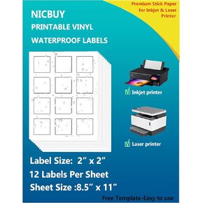 2x2 inch Square Labels Printable Glossy White Waterproof Vinyl Sticker Labels 180 Pcs Blank Lables for Inkjet or Laser Printer